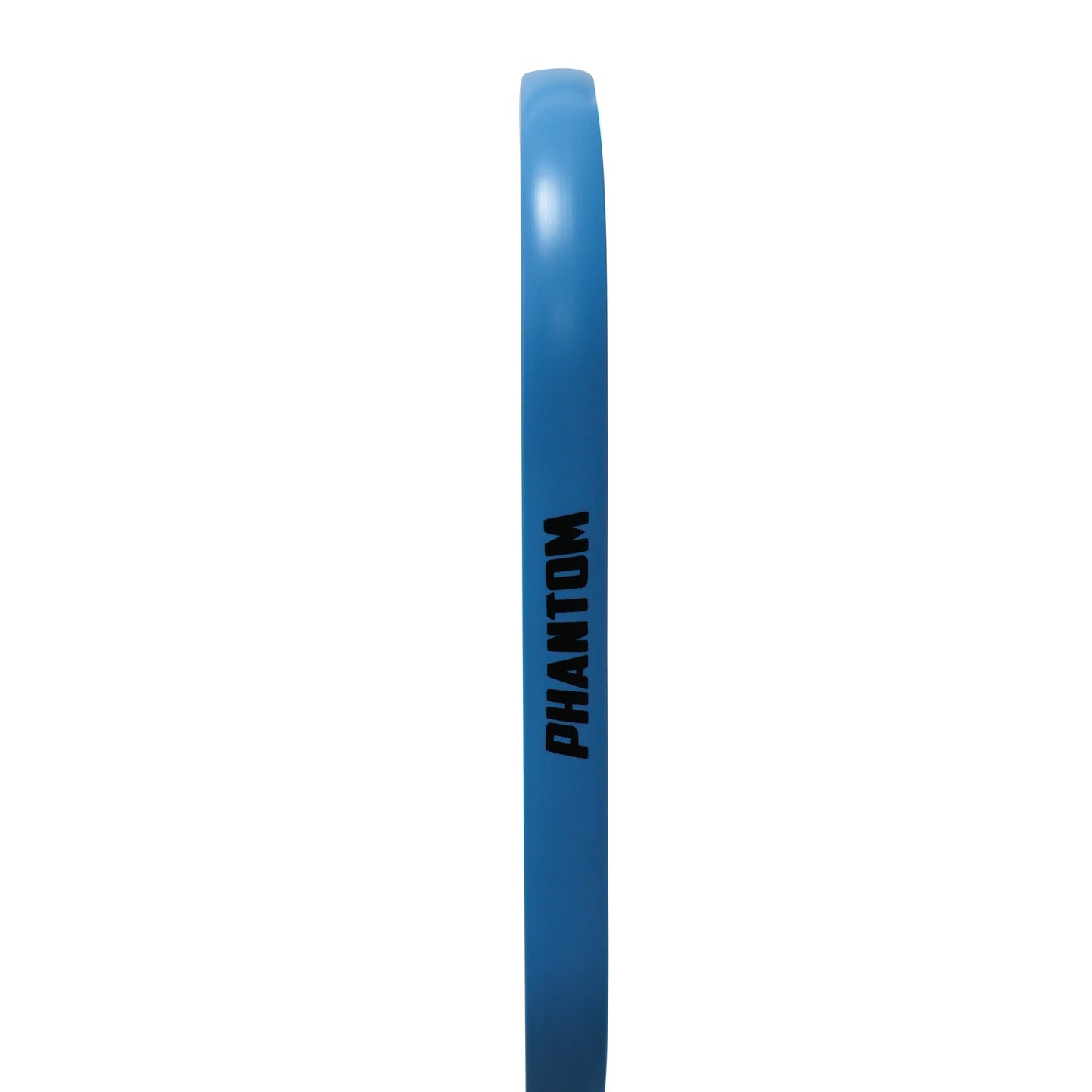 A blue, flat-edged 12mm T700 raw carbon fiber pickleball paddle by Phantom Pickleball is viewed from the side. "PHANTOM SNIPER PRO" is printed in bold black letters on the edge, standing out against a plain white background.