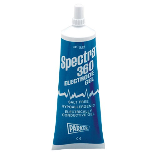 A blue tube labeled “Spectra 360 Conductive Gel, 250 Gram Tube (8 oz.)” by iReliev with a white cap. Text notes it’s a salt-free, hypoallergenic electrotherapy gel for electrical impulse dispersion; a white waveform graphic appears below the name.