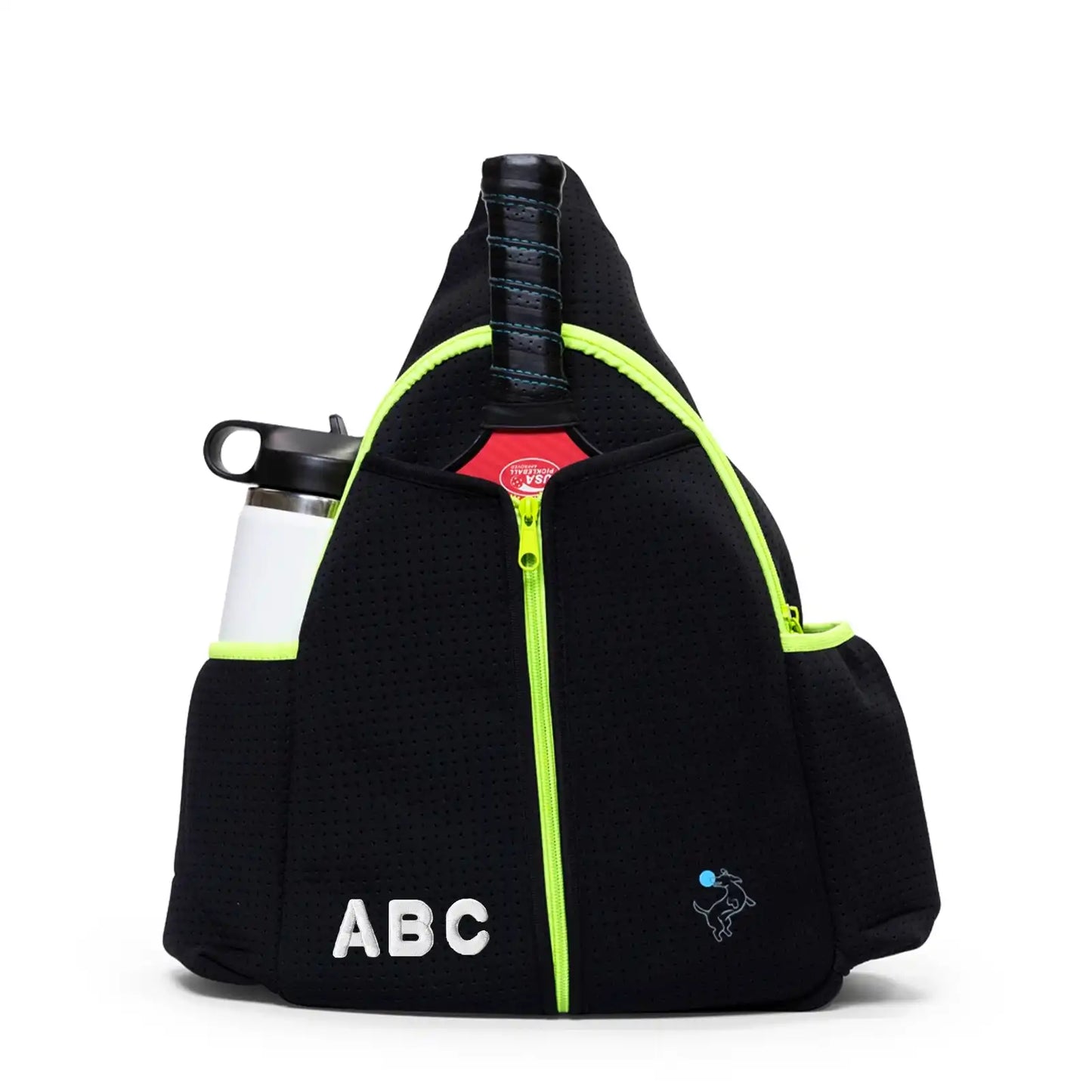 The Swinton Pickleball Sling Bag - Black features neon green zippers, handle accents, ABC initials, a small logo, front zip pocket, and side pockets for water bottle and gear—ideal as a pickleball bag. Personalization available. Shown on a plain white background.