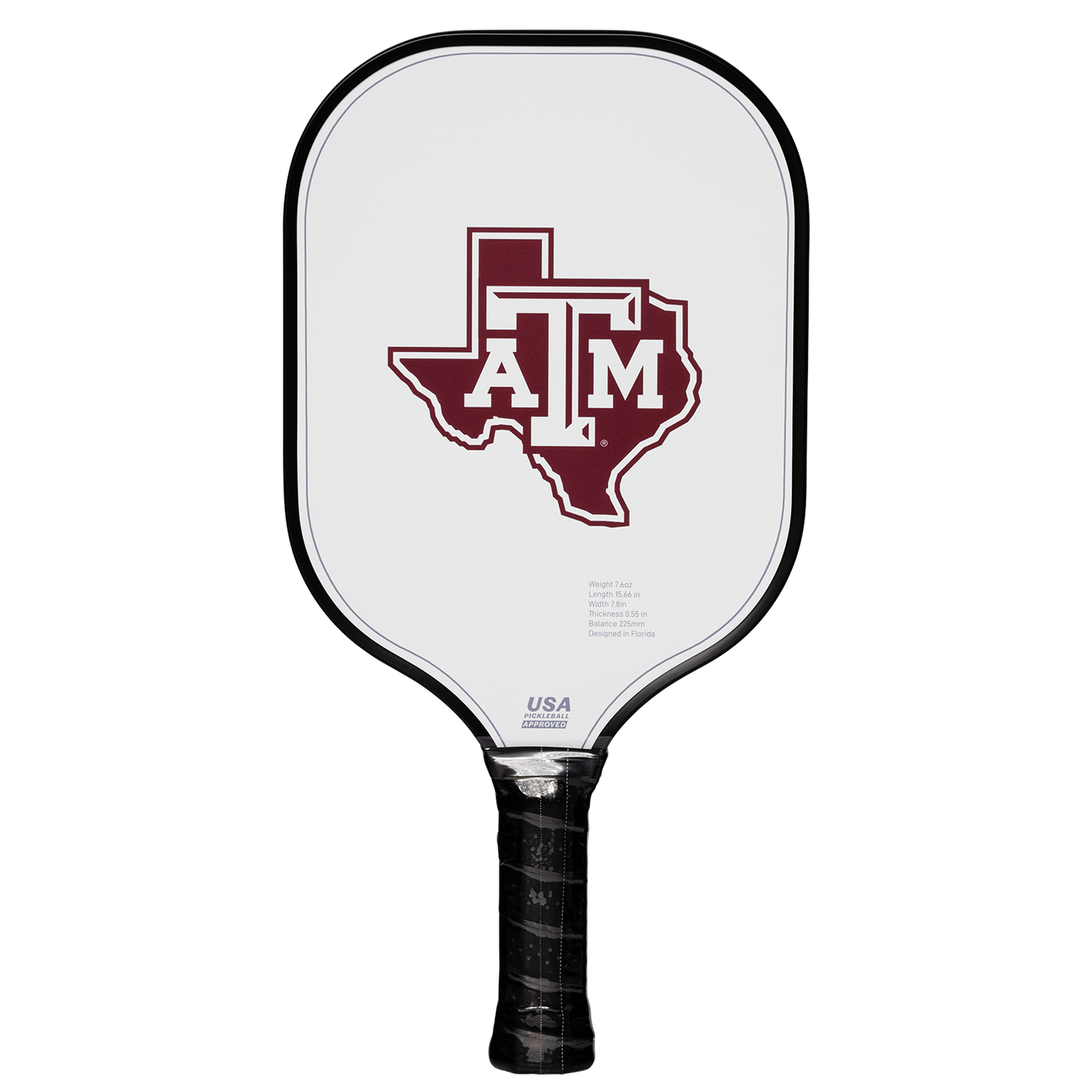 The Diadem Hero paddle by Diadem Sports is USAPA approved, featuring a maroon Texas A&M logo over a Texas outline on its white face. Its black grip-taped handle and edge lining make it perfect for fans and players.