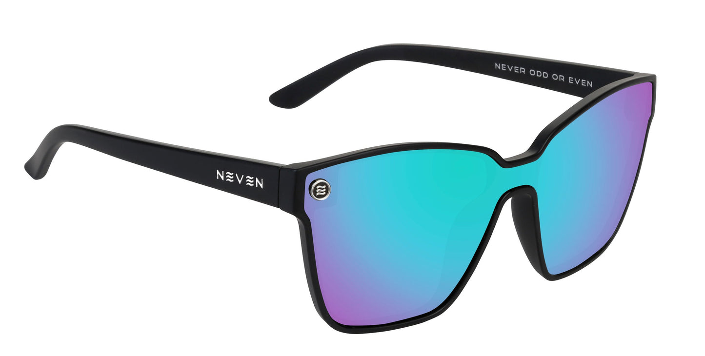 Curiosity sunglasses by Neven Eyewear feature a matte black frame, large angular shape, and mirrored blue-green polarized lenses. “NEVEN” is printed on the temple and “NEVER ODD OR EVEN” inside the arm, both in white.