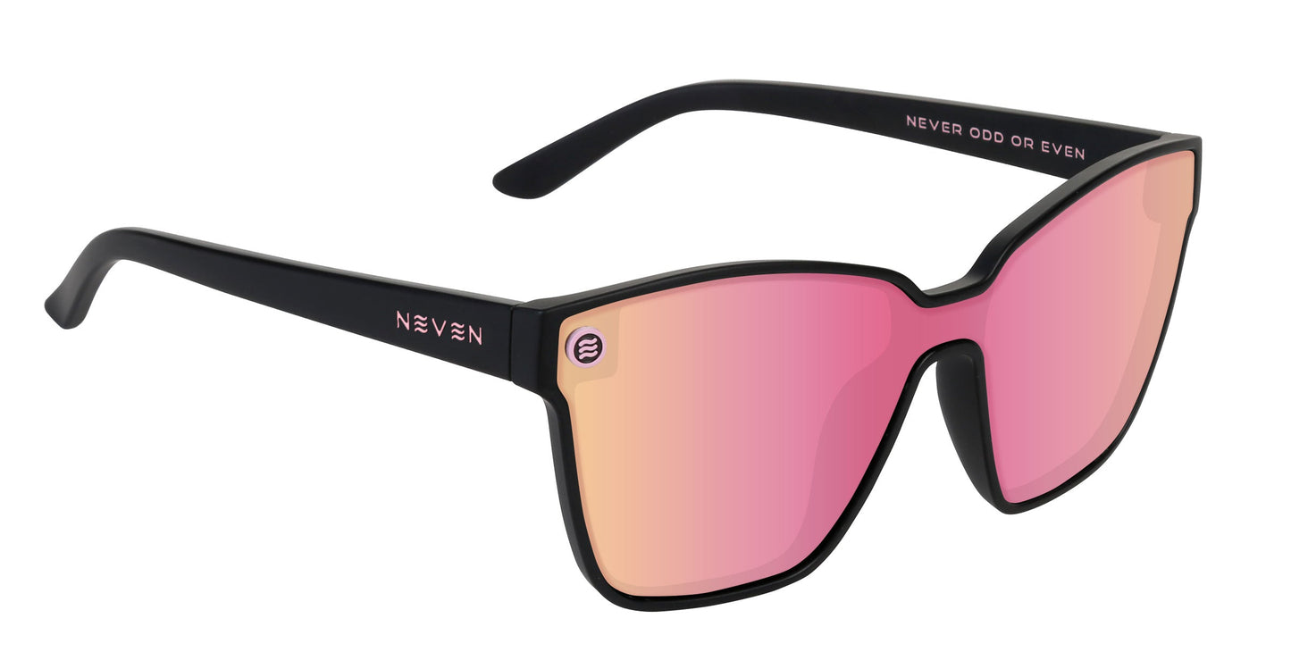 A stylish pair of Endeavour sunglasses by Neven Eyewear featuring thick black frames, large pink mirrored polarized UV400 lenses, and NEVEN branding on the left temple and “NEVER ODD OR EVEN” inside the right temple.