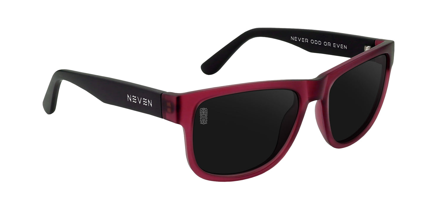 Plasma by Neven Eyewear: polarized sunglasses featuring dark rectangular lenses, bold burgundy frames, thick black arms with NEVEN in white, and "NEVER ODD OR EVEN" printed inside the right arm in white uppercase letters.