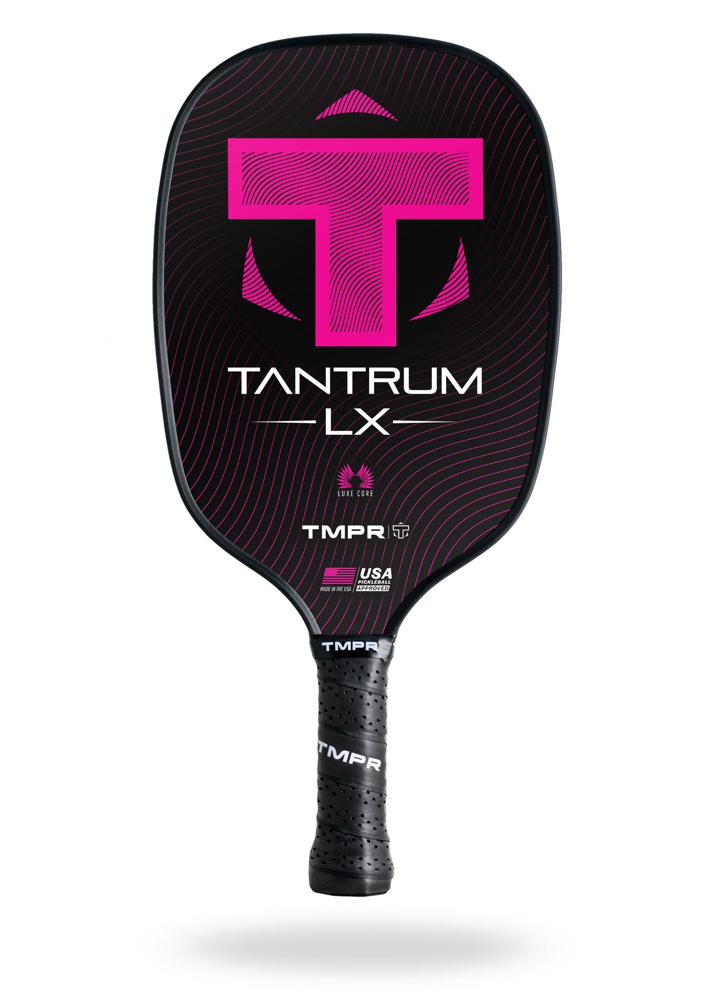 The Tantrum LX by TMPR Sports is a black performance pickleball paddle featuring a bold pink T logo, wave lines, Tantrum LX and TMPR branding, USA Pickleball certification symbols, and a textured grip handle for control.
