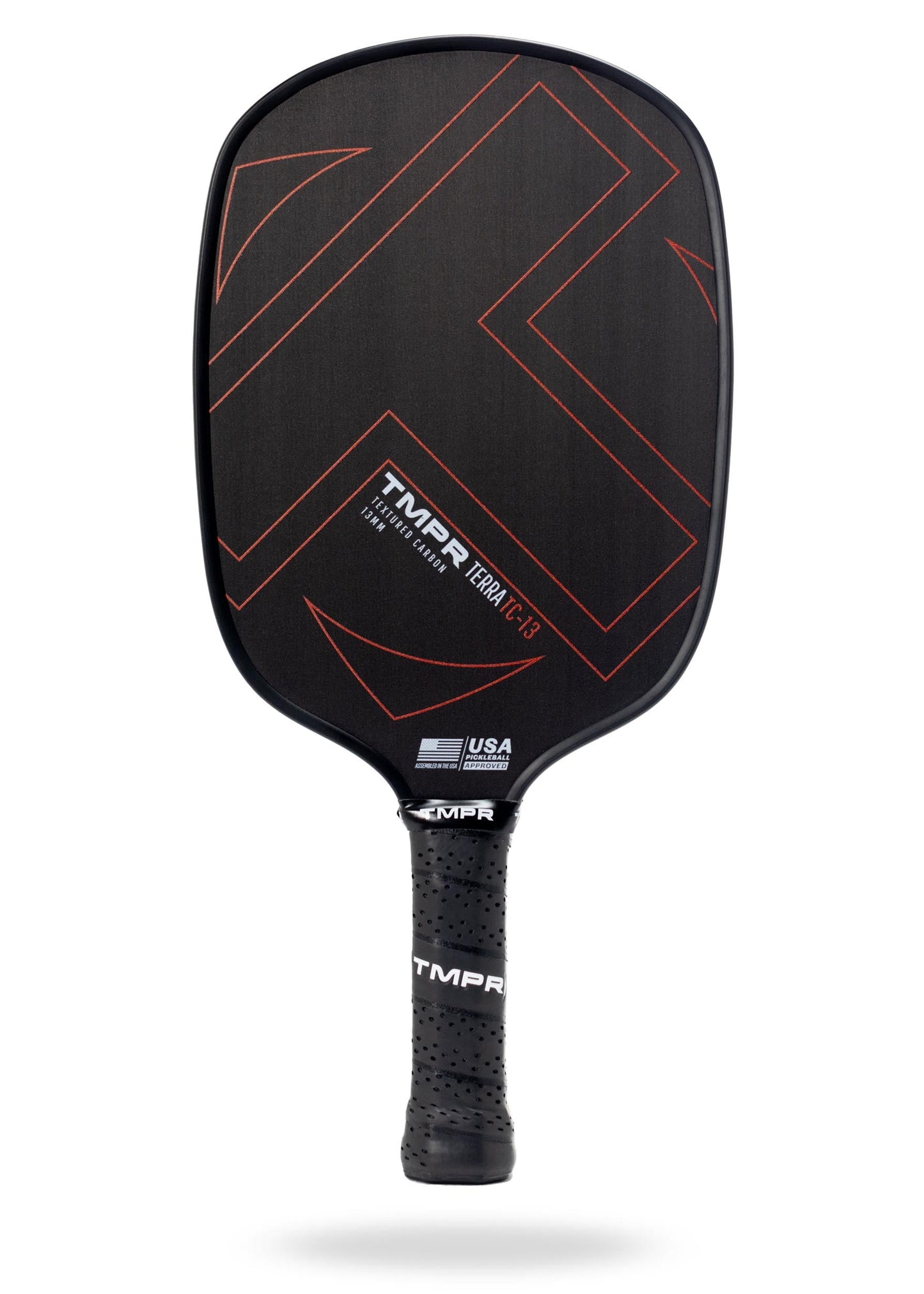 The TMPR Sports Terra TC-13 pickleball paddle features a T700 textured carbon black face, bold red geometric lines, honeycomb poly core, and a perforated black grip. Branding and USA Pickleball logo are visible on a white background.
