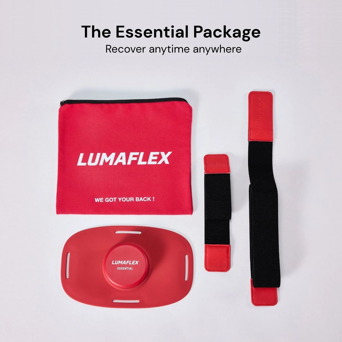 A red iReliev Essential Red Light and Infrared Therapy Wrap is shown with its branded pouch labeled "WE GOT YOUR BACK!" and two black-and-red elastic straps. Enjoy infrared therapy anytime, anywhere with this wearable device.