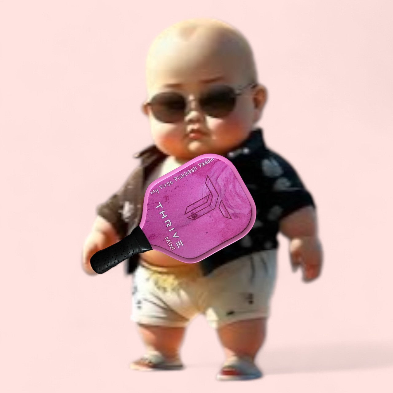 A chubby baby in sunglasses, a black-and-white shirt, and beige shorts stands confidently holding the Thrive Pickleball Thrive Mini Baby Paddle. Set against a solid pale pink background—an adorable newborn keepsake or baby gift.