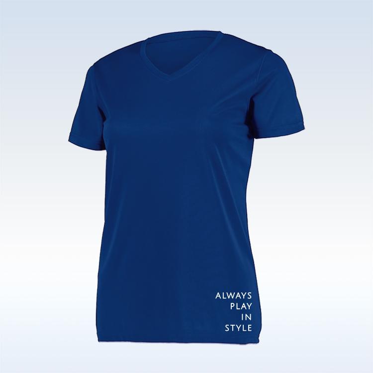 The PB Short Sleeve V-neck Tee Navy by Pickleball Bella is a fitted women’s T-shirt in navy with short sleeves, shown on a light gradient background. “ALWAYS PLAY IN STYLE” appears in small white text near the lower right hem.