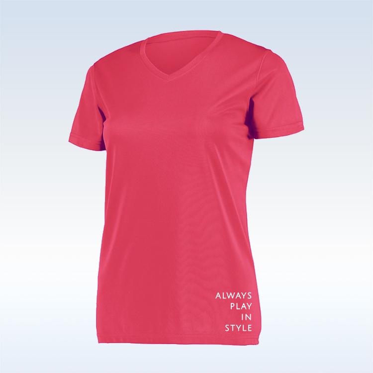 The Pickleball Bella PB Short Sleeve V-neck Tee in pink is shown on a light gradient background, featuring a V-neck and small white "ALWAYS PLAY IN STYLE" text on the lower right side.