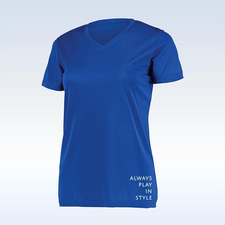 The Pickleball Bella PB Short Sleeve V-neck Tee in Royal Blue is shown on a light gradient background. Made from lightweight stretch fabric, it features "ALWAYS PLAY IN STYLE" near the hem and has a simple, fitted cut.