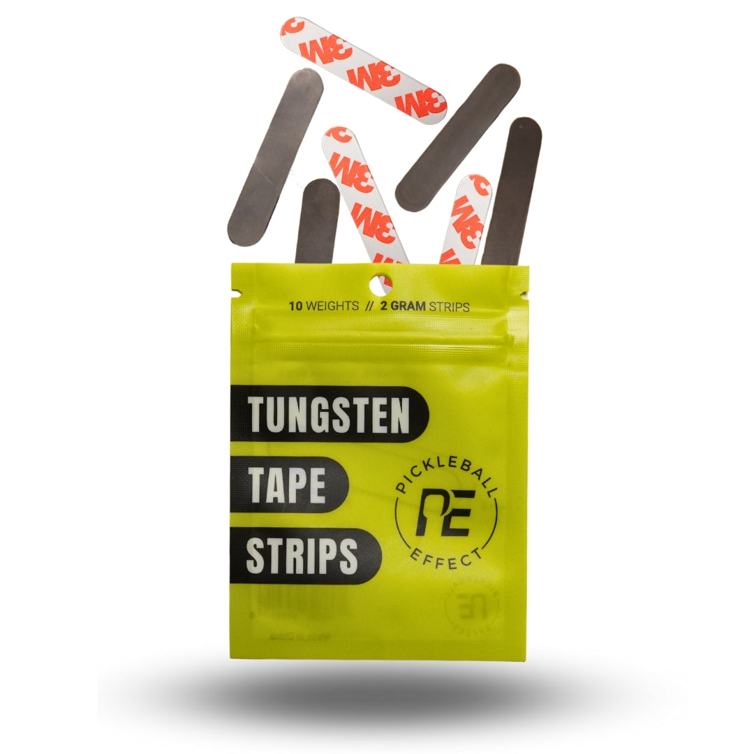 A lime green Pickleball Effect Shop Tungsten Tape Strips package stands upright, with black and white weighted strips featuring red "WE" logos extending from the top—perfect for customizing your pickleball paddle. White background with faint shadow.