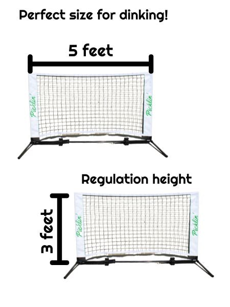 Two diagrams of The Dink Net™ by Picklin™ are shown: the top labels the net as 5 feet wide, the bottom as 3 feet tall. “Perfect size for your dink game!” is above, and “Regulation height” appears between the diagrams.