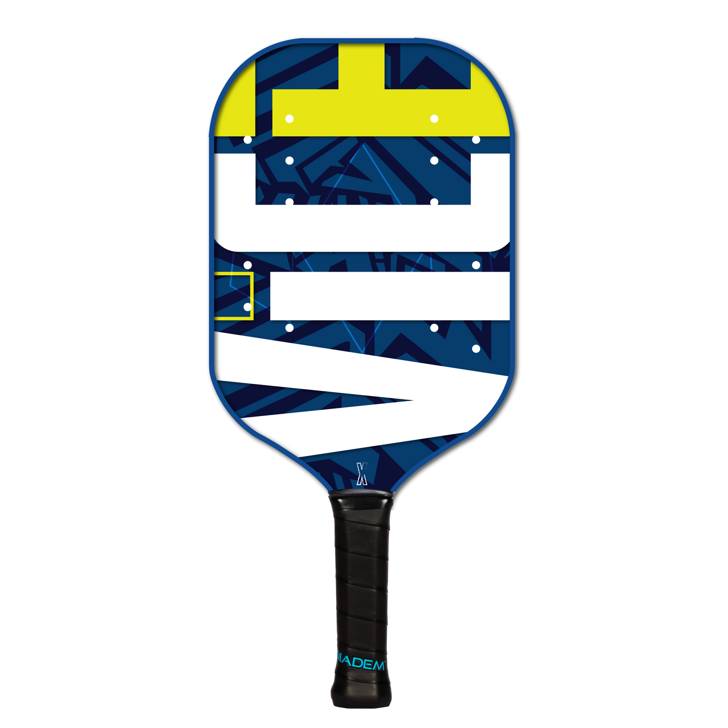 The Diadem Sports Vice paddle showcases a bold blue and yellow geometric design with white horizontal stripes, angular shapes, rows of small surface holes, and an EVA foam core for comfort.