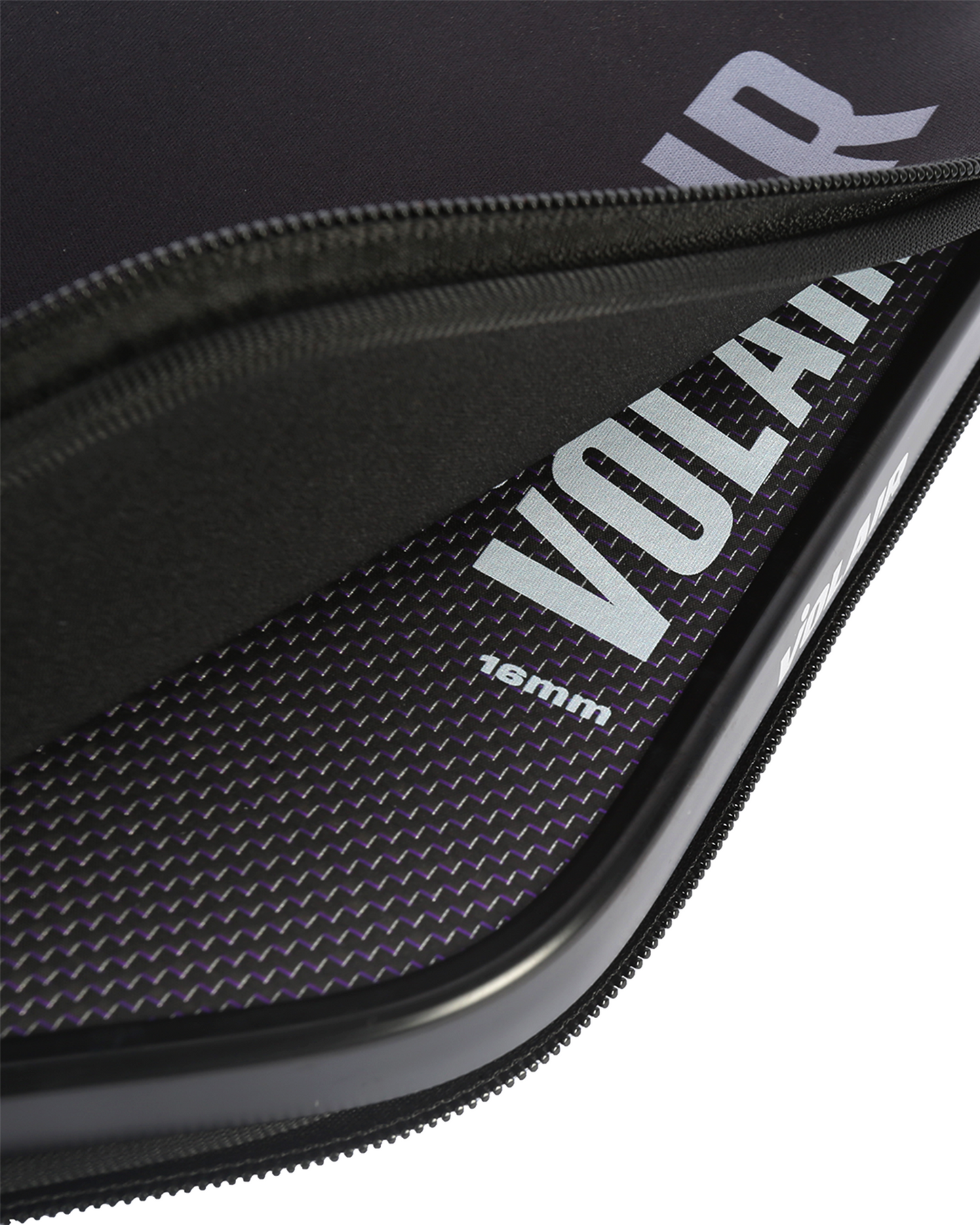 Close-up of a black Volair Pickleball zippered case, partly open to show the textured interior with "V.1F/ XL–L 16mm" on premium T700 Carbon Fiber—crafted for elite pickleball paddle protection.