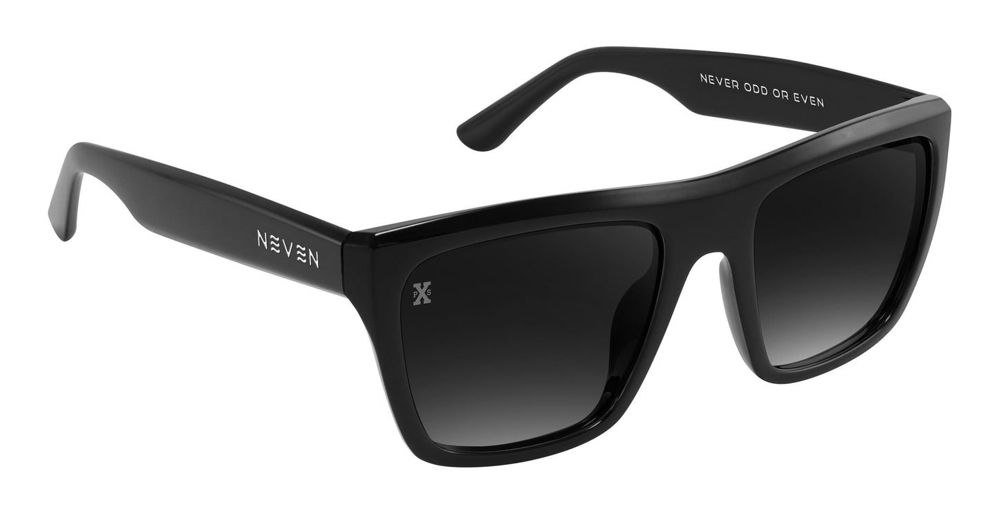 The Carbon by Neven Eyewear are black polarized sunglasses with dark lenses, a glossy rectangular frame, "NEVEN" on the left temple, and "NEVER ODD OR EVEN" inside the right arm for a modern, bold look.