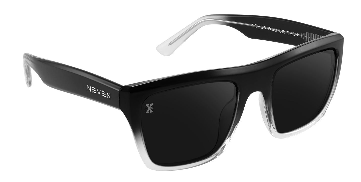 Polaris by Neven Eyewear: rectangular polarized sunglasses with black gradient frames and dark lenses that fade to transparent at the bottom. The sleek, modern design features “NEVEN” in white capitals on the left arm.
