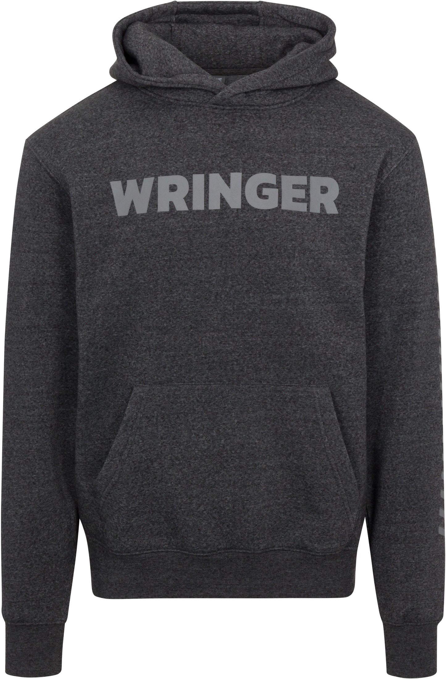 The Core Wringer Graphic Hoodie Pullover Sweatshirt by Wringer Wear is a dark gray, athletic streetwear piece with WRINGER in bold light gray letters on the chest, front kangaroo pocket, and ribbed cuffs and hem. Shown on a white background.