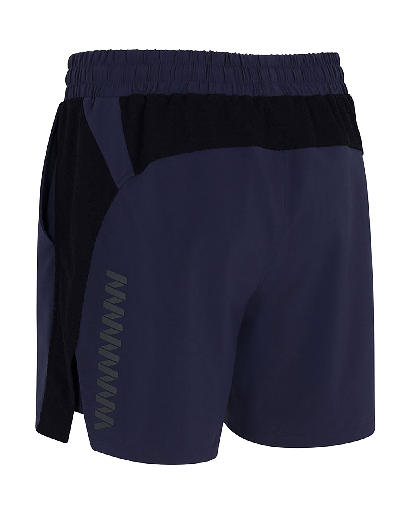 The Wringer Wear Mojave Performance Shorts 6" Lined feature a navy blue design with black side panels, zigzag reflective pattern, elastic waistband, moisture-wicking fabric, side pockets, and a relaxed fit—perfect for sports or casual wear.