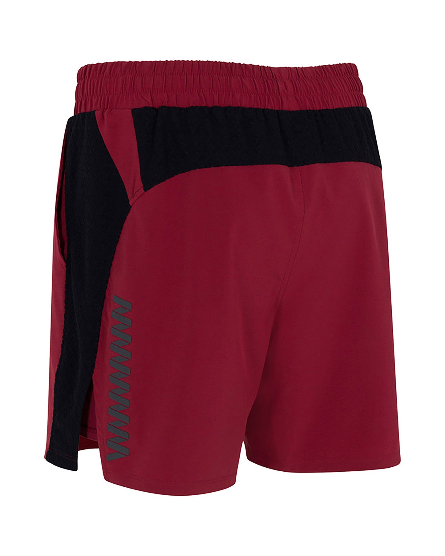 The Wringer Wear Mojave Performance Shorts 6" Lined come in deep red with black panels, an elastic waistband, side pocket, built-in liner, dark reflective chevrons, and lightweight moisture-wicking fabric for breathable comfort.