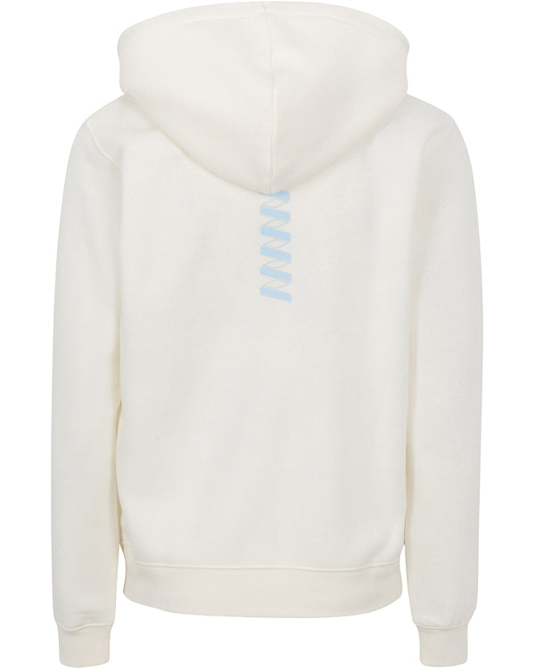 Back view of the Wringer Wear Women's Core Zip Hoodie in plain white, featuring a small light blue zigzag graphic near the upper back. Made from soft, thick material, this performance hoodie is perfect for athletic wear.
