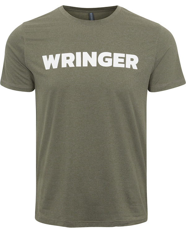 The Wringer Wear Men's Short Sleeve WRINGER T-shirt is an olive green casual performance crew neck cotton tee with "WRINGER" in bold white letters across the chest, athletic fit, and shown on a plain white background.