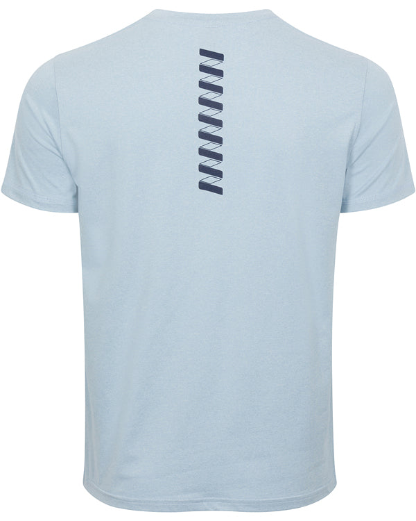 The back of the Wringer Wear Men's Short Sleeve WRINGER T-shirt, designed in blue with breathable fabric for lasting comfort.