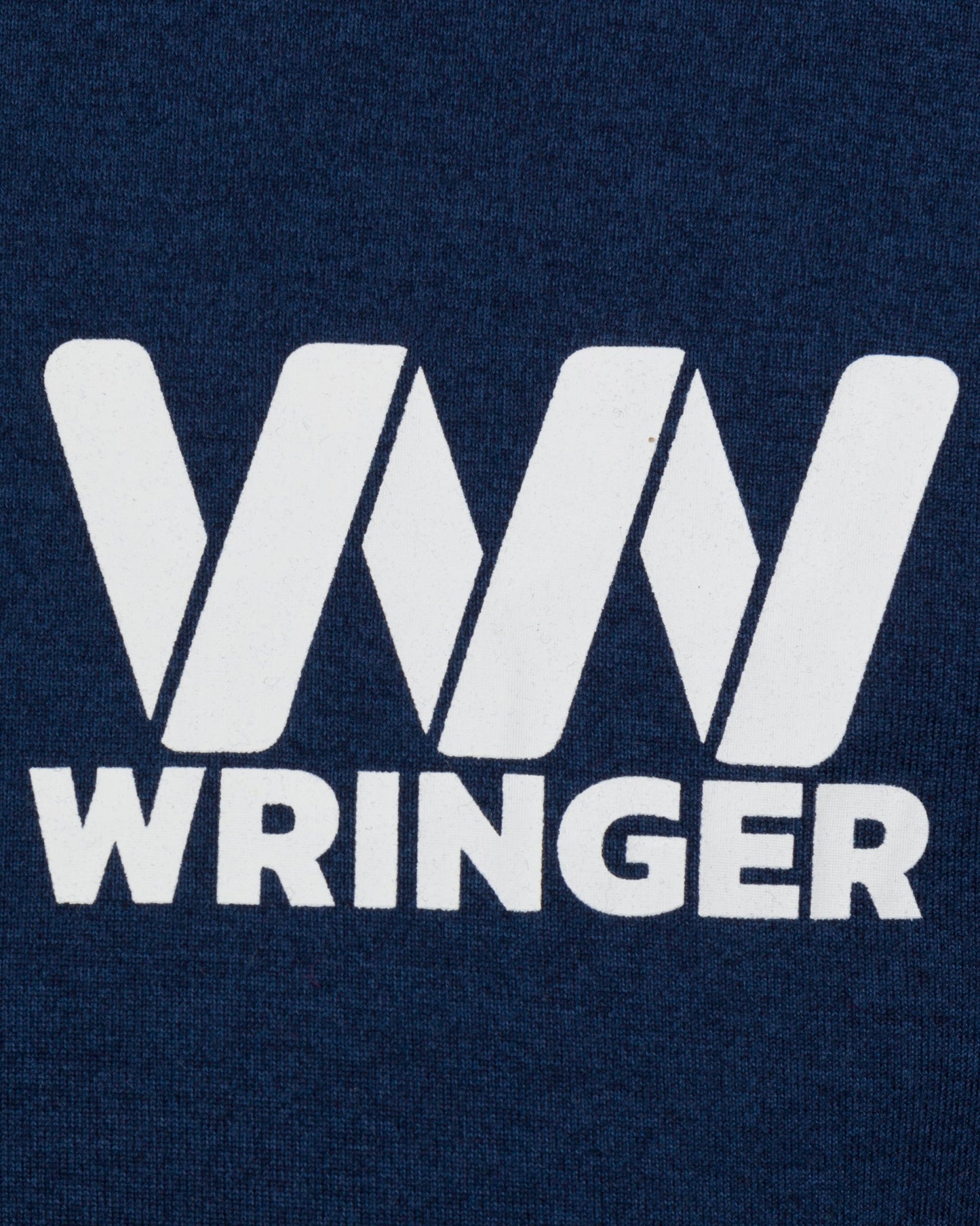 A white geometric logo with three stylized W's appears above bold "WRINGER" on a dark blue textured background, printed on the Men's Short Sleeve Fast Hands Graphic T by Wringer Wear, an athletic performance tee.