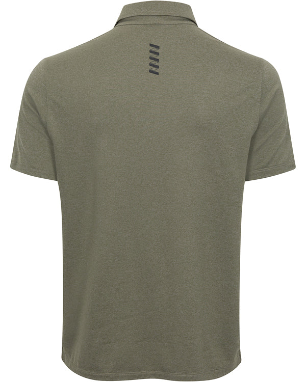 A back view of the Wringer Wear Men's Everyday Short Sleeve Polo in olive green, featuring an athletic cut, collar, and a small vertical black logo just below the collar. The shirt is plain with no other visible patterns or graphics.