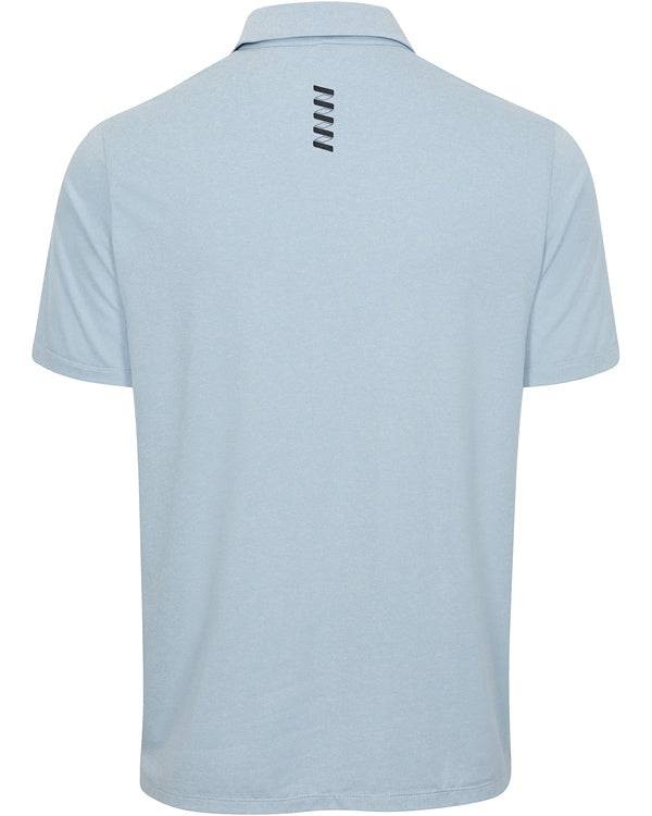The Wringer Wear Men's Everyday Short Sleeve Polo, shown in light blue from the back, features a classic collar and five black horizontal lines below it. Its smooth, breathable fabric offers a simple, timeless look.
