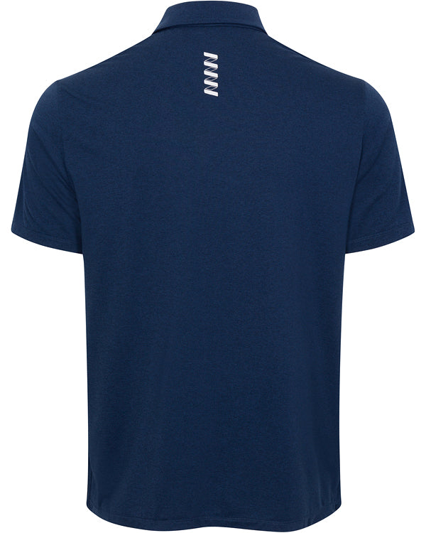 The back view of the Men's Everyday Short Sleeve Polo by Wringer Wear shows a navy blue shirt with a classic collar, athletic fit, and a small vertical white wavy line logo below the collar on smooth fabric.
