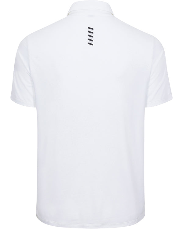 The Wringer Wear Men's Everyday Short Sleeve Polo is shown from the back in plain white, featuring five small horizontal black lines vertically stacked below the collar. The rest of this athletic-cut polo remains unadorned.