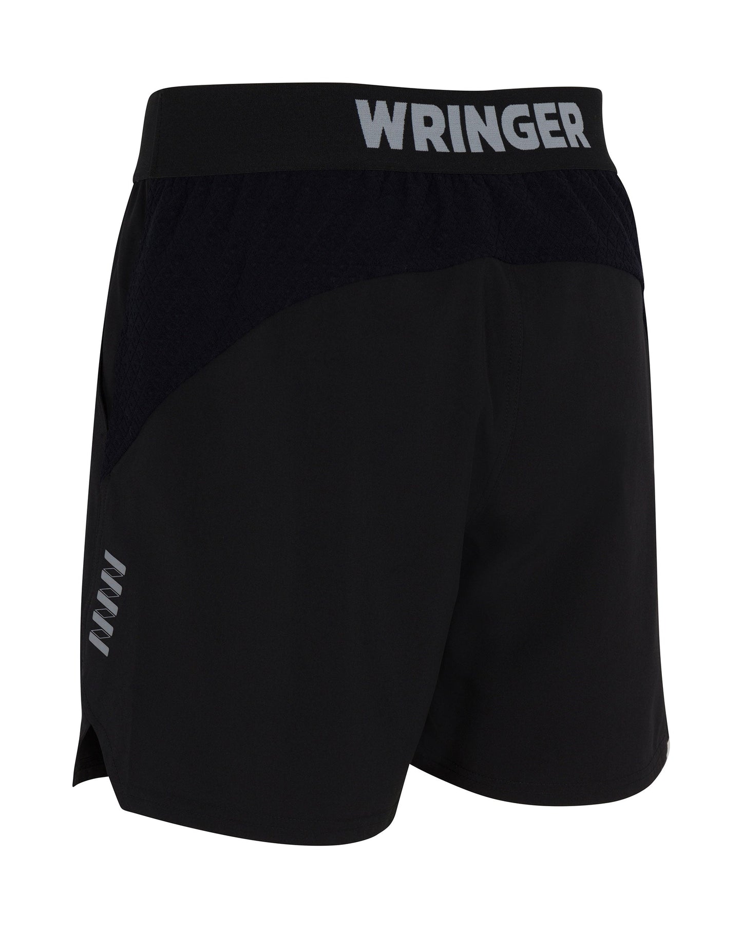 Mesa Performance Shorts 6" Linerless by Wringer Wear seen from the back, feature a wide elastic waistband with bold gray WRINGER branding, moisture-wicking mesh panels, and a subtle gray logo for cool, comfortable pickleball play.