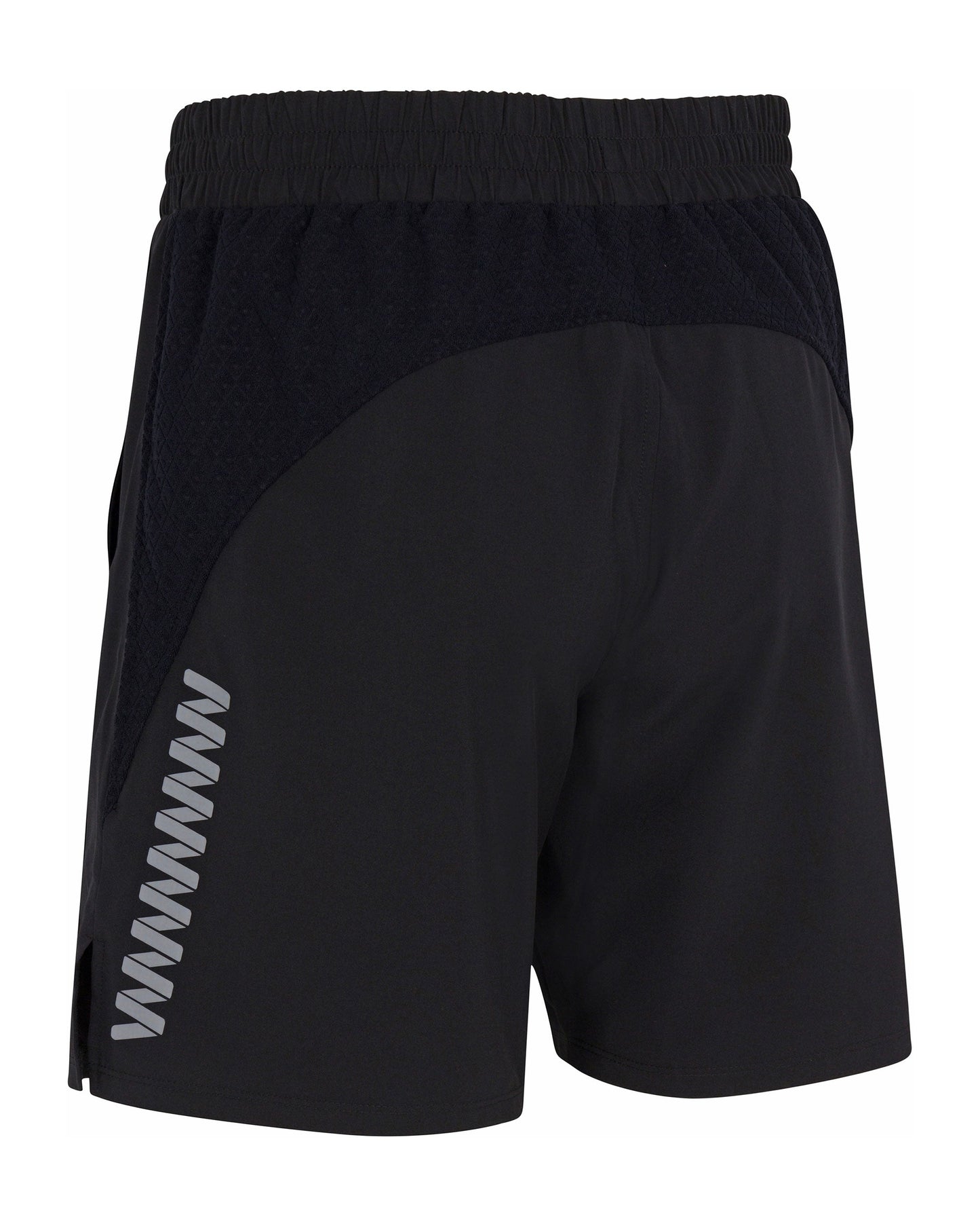 The Bryce Performance Shorts 7" Linerless by Wringer Wear are black men's shorts viewed from the back, featuring an elastic waistband, mesh upper side panels, and light gray chevron stripes along the left hem.