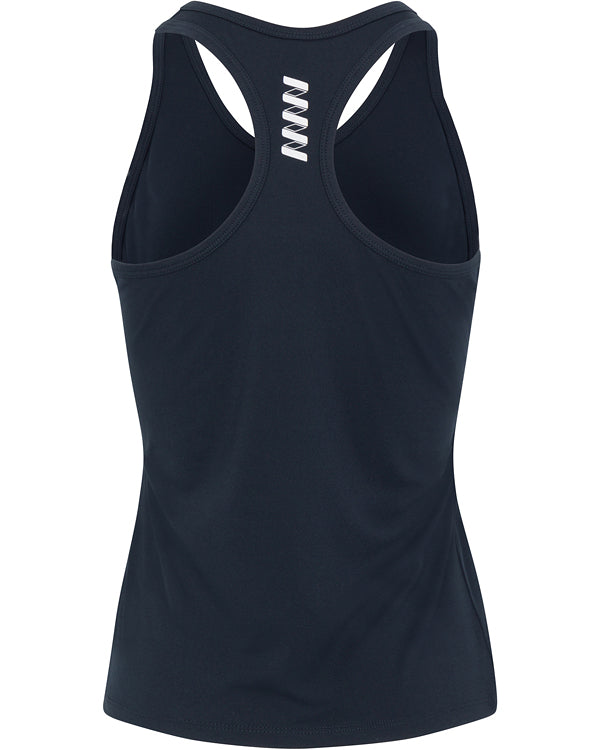 The Women's Performance Sierra Racerback Tank by Wringer Wear is a black, fitted athletic top with a white zigzag logo near the back neckline. Made from smooth, stretchy fabric, it's perfect for active workouts and high-performance sportswear.