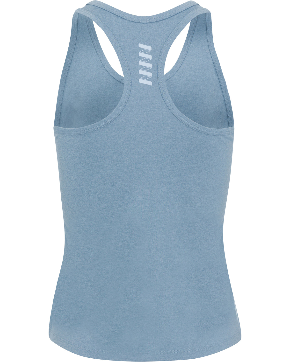 The Wringer Wear Women's Performance Sierra Racerback Tank is shown from the back in light blue, featuring smooth fabric, four short white lines below the neckline, and a slightly fitted athletic silhouette for breathable performance.