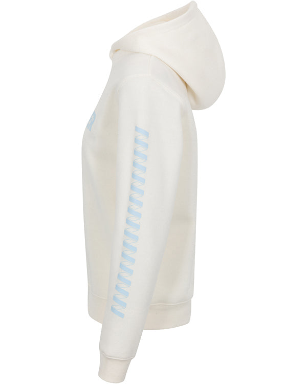 Side view of the Women's Core Wringer Graphic Hoodie by Wringer Wear in cream, shown on a white background. Features a light blue zigzag sleeve graphic, hood, relaxed fit, and ribbed cuffs and hem in soft, breathable fabric.