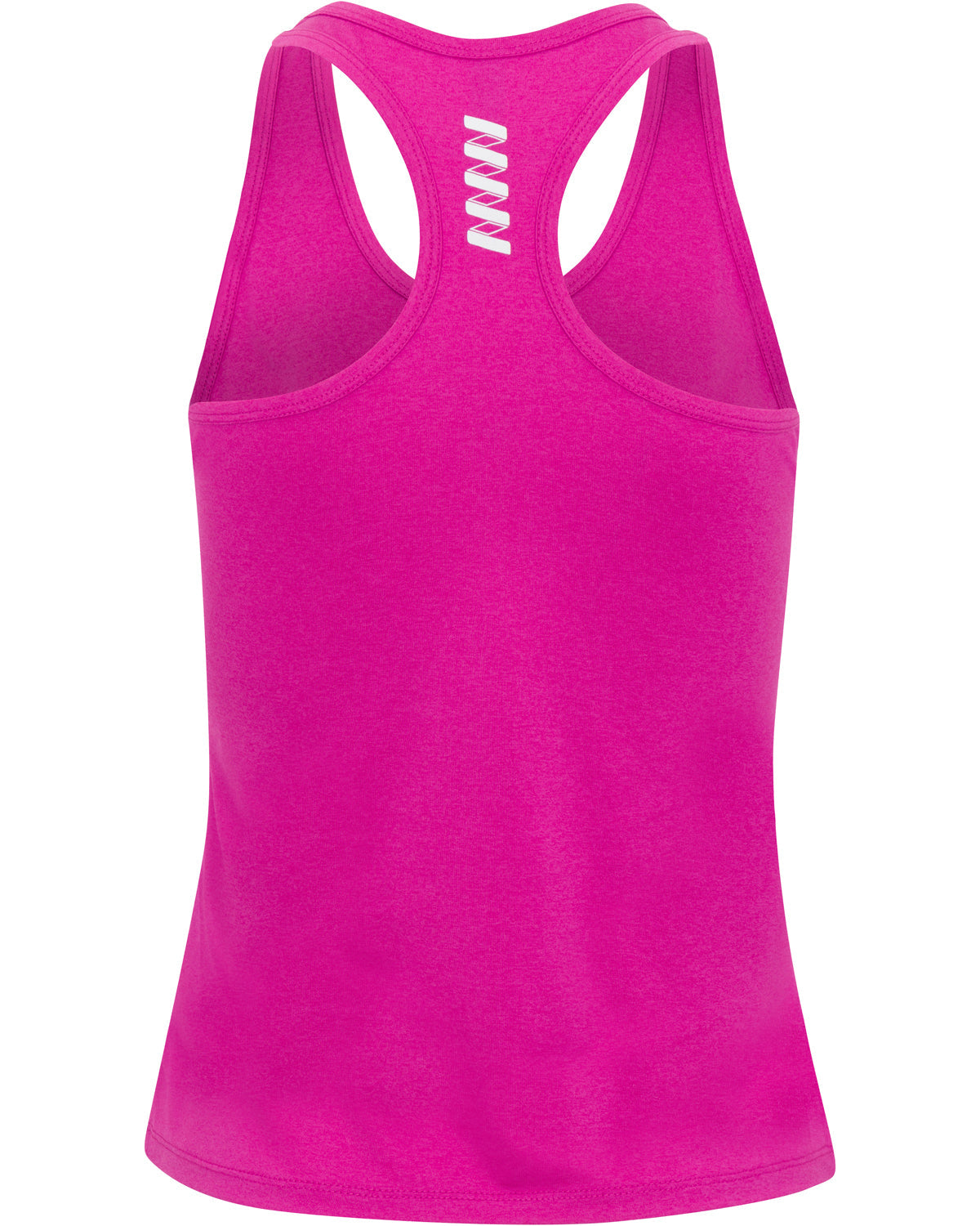 The Wringer Wear Women's Performance Sierra Racerback Tank is shown from the back in bright pink, made with smooth, stretchy fabric for lightweight comfort. A small white wavy logo sits below the neckline and the hem has a subtle curve.