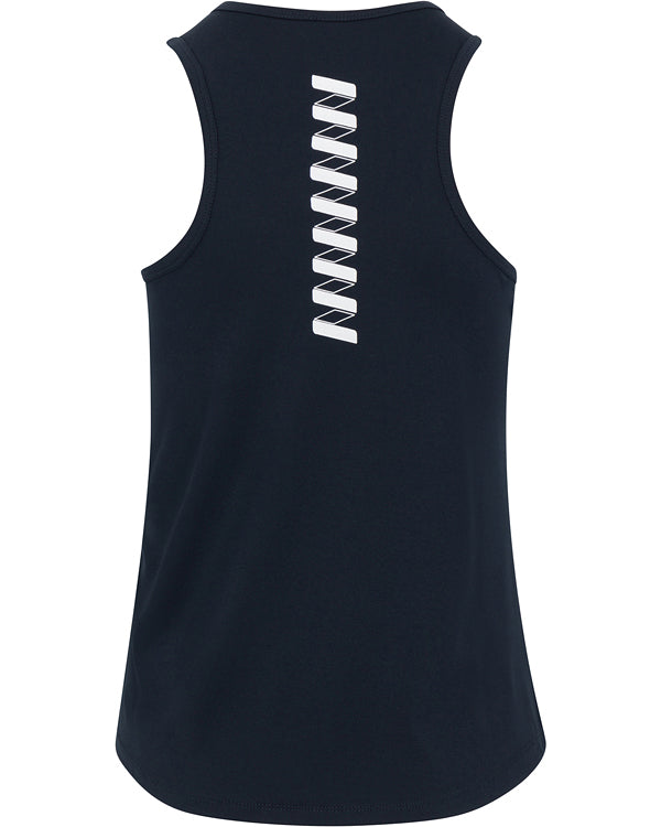 The Wringer Wear Women’s Performance Brea Tank is sleeveless and dark navy, seen from the back with white diagonal stripes down the upper back. It features a breathable build, athletic shirttail hem, and no visible logos or embellishments.
