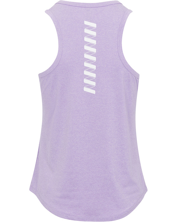 The Wringer Wear Women's Performance Brea Tank is a sleeveless lavender top with soft, heathered fabric, white diagonal zigzag stripes on the upper back, and a rounded hem for breathable athletic comfort.