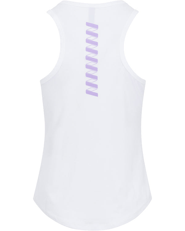 The Wringer Wear Women's Performance Brea Tank features a white racerback design with nine light purple parallelograms down the upper back, a slightly rounded hem, and soft, breathable fabric for comfort.