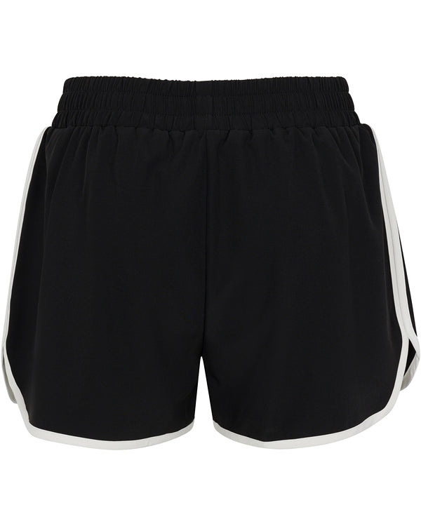 The Sierra Short by Wringer Wear is a pair of black athletic shorts featuring an elastic waistband, white trim on curved hems and sides, a relaxed fit, and moisture-wicking fabric. Shown from the back against a plain white background.