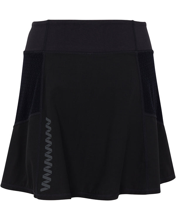 The Wringer Wear Indio Skirt is a black athletic skirt featuring mesh side panels, a wide waistband, diagonal reflective details, and moisture-wicking fabric for comfort and ease of movement in any activity.