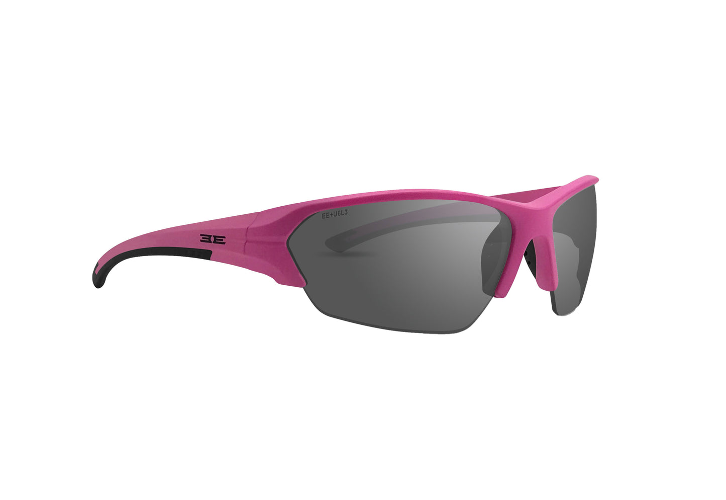 Epoch Eyewear's Wake sunglasses are sporty unisex half-frame shades with a matte pink frame, black accents, large dark lenses, and a subtle logo on the arm. Sleek and durable, they offer a close fit. Shown on a white background.