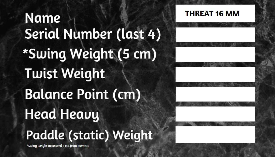 A chart on black marble lists: Name, Serial # (last 4), customizable swing weight (5cm), Twist Weight, Balance Point (cm), Head Heavy, Paddle Weight—ideal for your Thrive Pickleball THREAT 16 stats. Includes custom card, cover, eraser & lead weights.