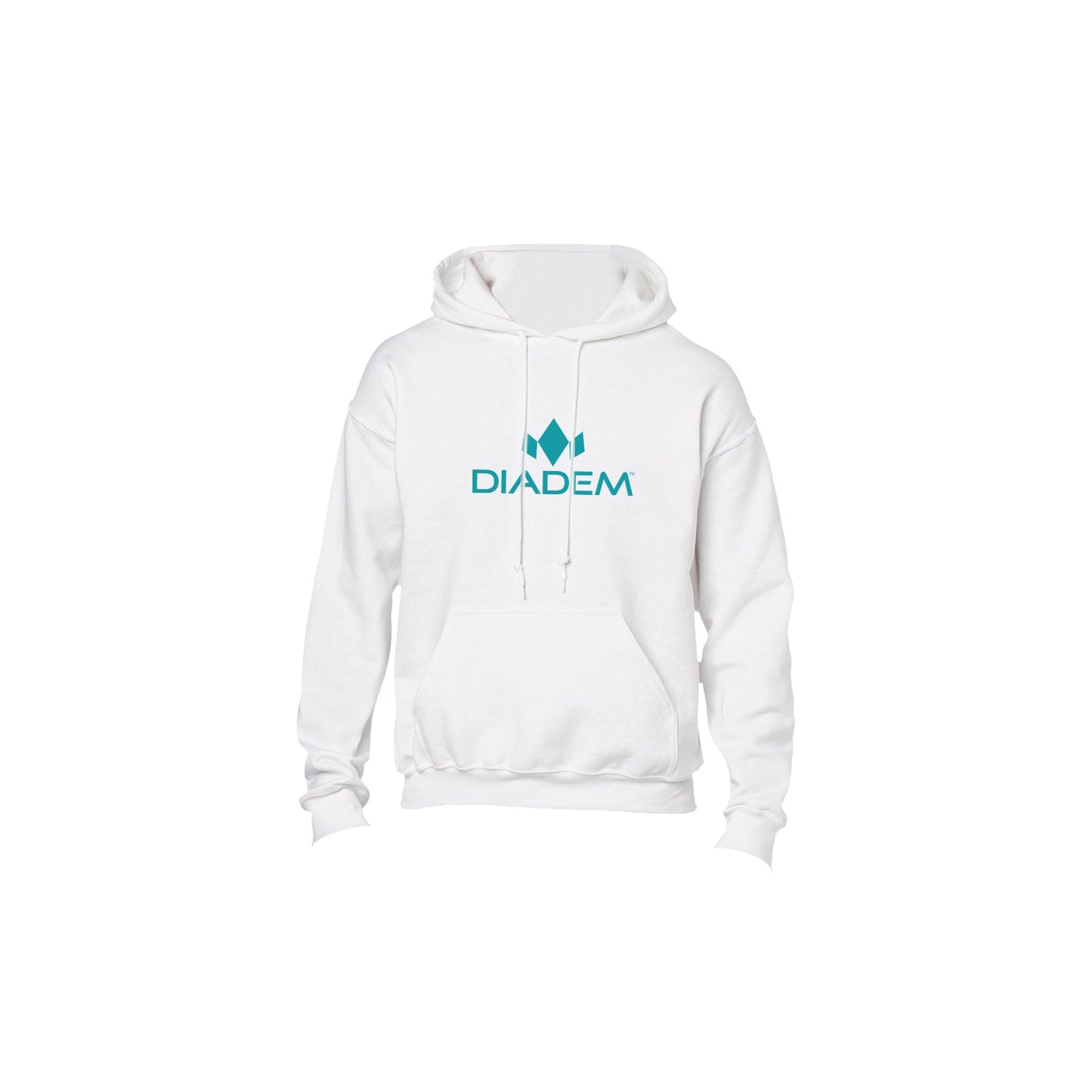 The Diadem Sports Performance Hoodie features soft cotton-poly fleece, a front pocket, drawstrings, and a teal geometric crown with "DIADEM" on the chest for cozy warmth and style.
