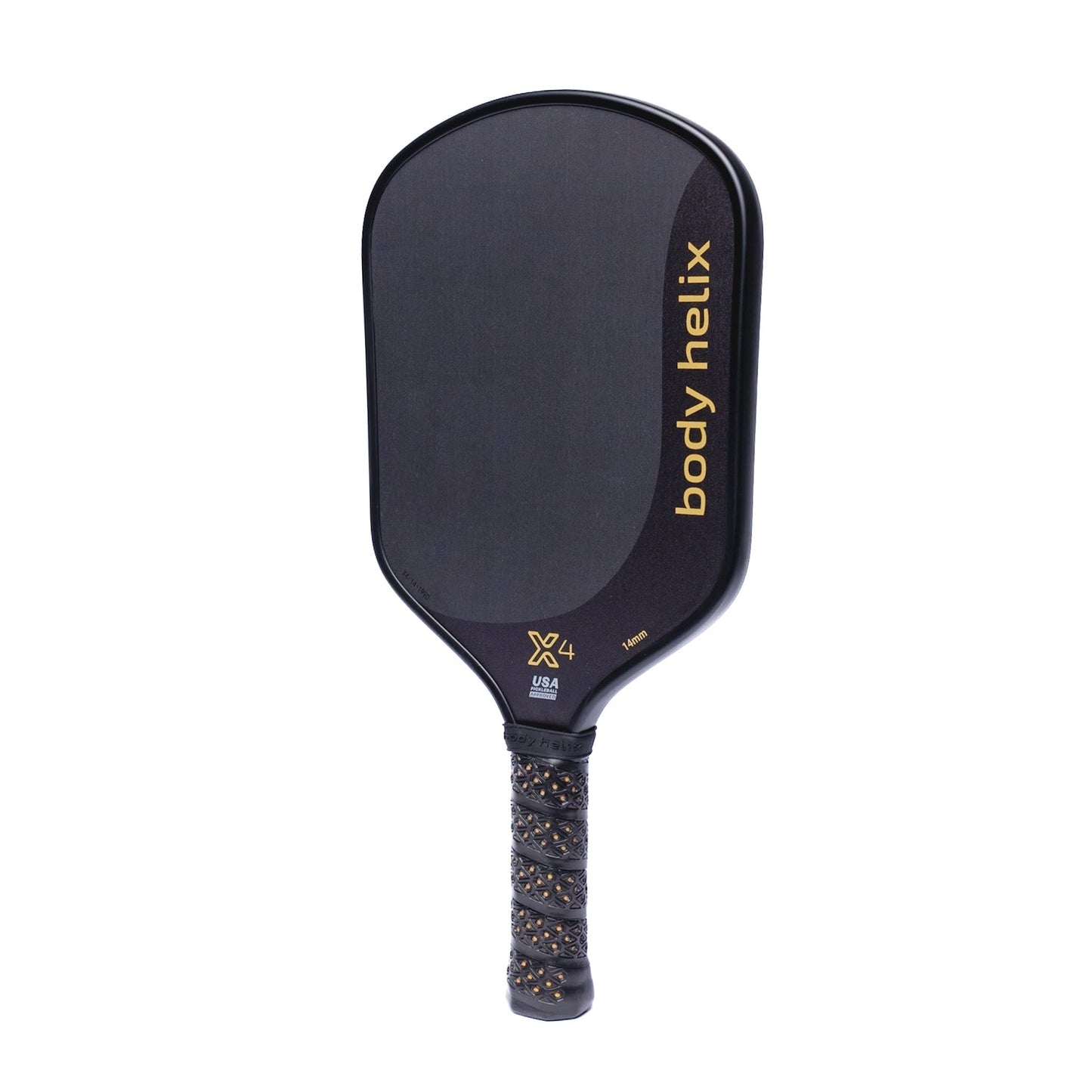 The X4 Pickleball Paddle by body helix features a black matte face with "body helix" in gold, a small gold X4 logo above the handle, a textured patterned grip, honeycomb PP core, and USAP approval logo above the grip.