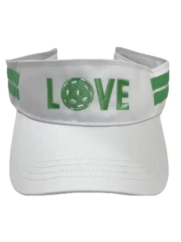 The Runway Athletics Pickleball Visor is a white, lightweight cotton canvas sun visor with light green stripes, "LOVE" embroidered on the front (pickleball as the "O"), a curved brim, visible stitching, and an adjustable velcro strap.