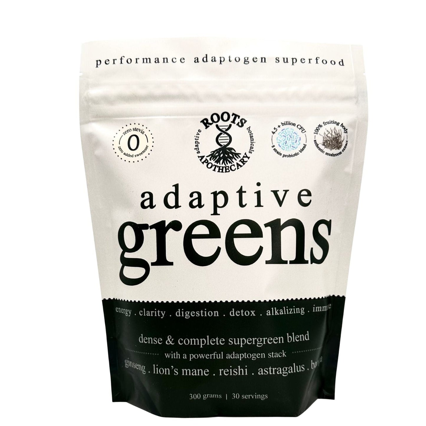 A white resealable pouch of Roots Apothecary adaptive greens. performance superfood features adaptogens and performance mushrooms for energy, clarity, digestion, detox, immunity, and nervous system health. Front shows ingredients and certification icons.