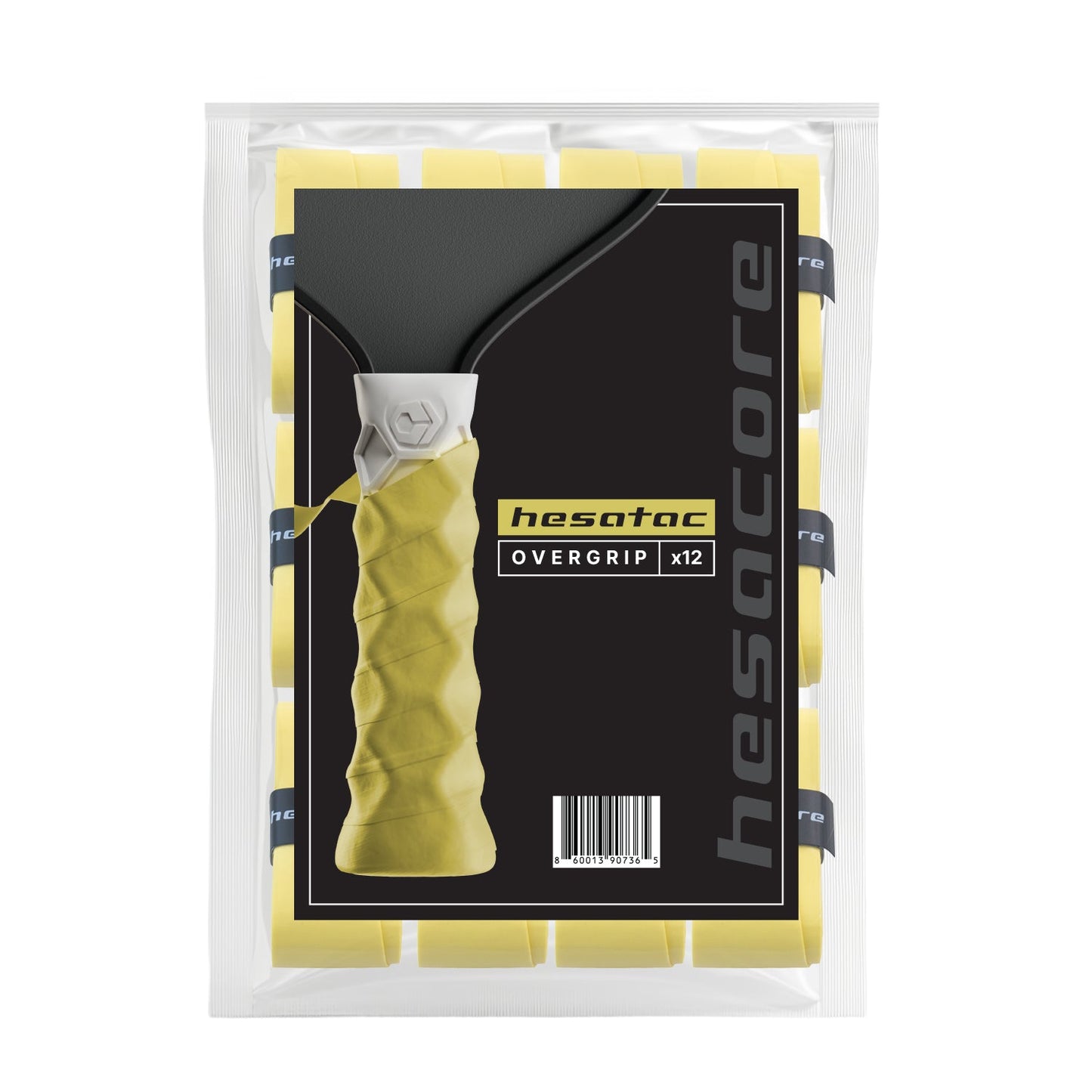 A retail pack of Hesacore Hesatac Overgrip – Yellow (12 pack) by Hesacore Grip, featuring sweat-absorbing overgrips for sports rackets. The packaging shows a wrapped handle, black and yellow branding, and a bottom-center barcode.