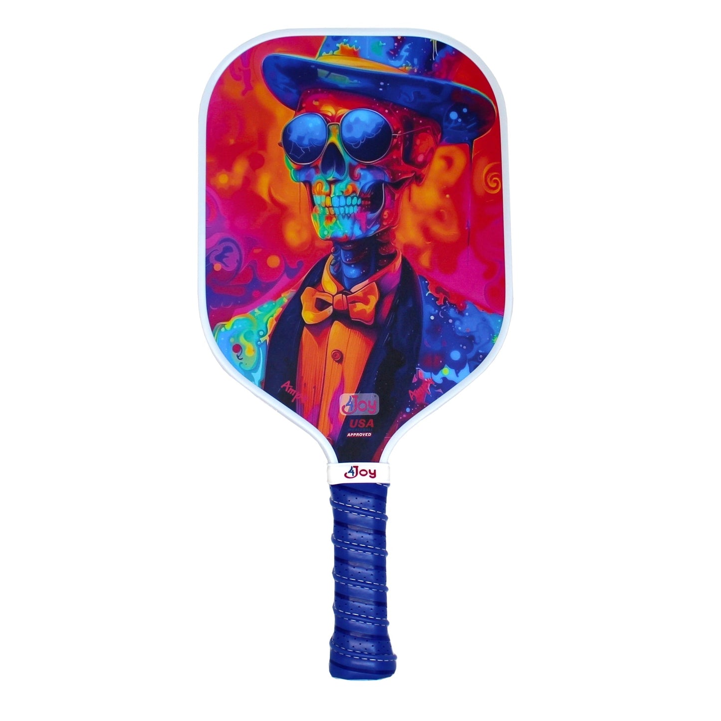 The 4Joy Paddles AMP4 Pickleball Paddle - Slim Jim features a skeleton in a top hat on a vivid red, orange, pink, and blue background, with a T700 carbon fiber face and honeycomb core for striking style and performance.